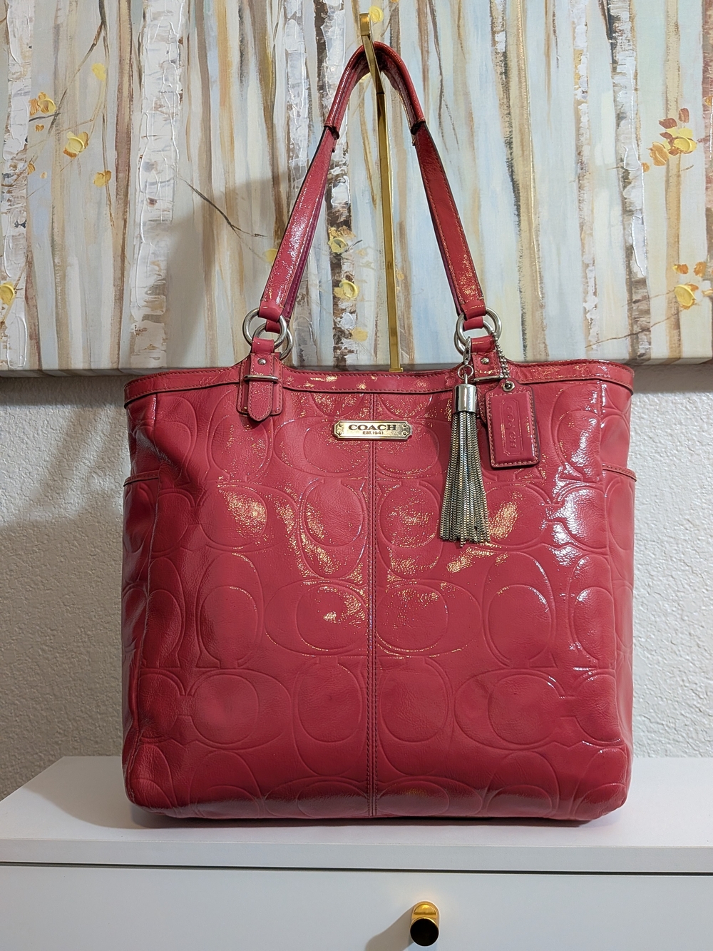Coach F19818 Rose Patent Leather Large Monogram Tote Double Handles Pockets